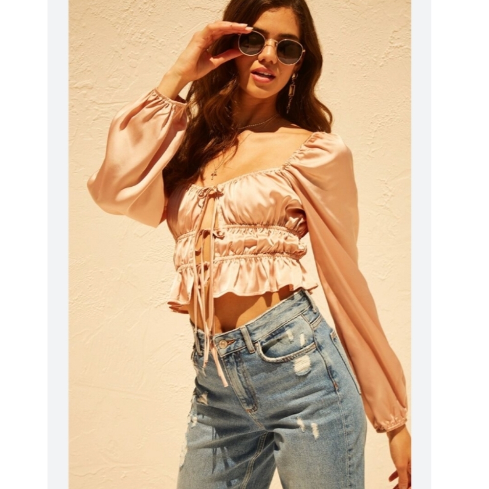 Forever 21 Shirred Satin Effect Front Ties Y2K Crop Top